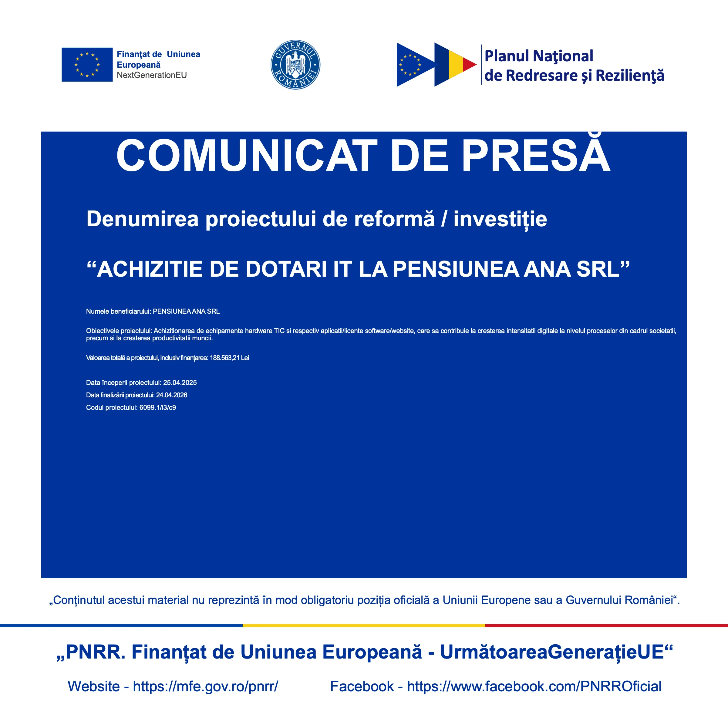 Comunicat de presă: Achiziție de dotări IT la Pensiunea Ana SRL, proiect finanțat prin PNRR - NextGenerationEU